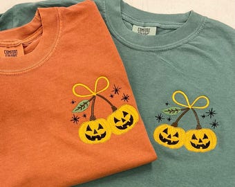 Comfort Colors® Embroidered Pumpkin Shirt Halloween, Minimalist Embroider Halloween Shirt, Fall Cherry  Sweater , Halloween Gift Sweatshirt