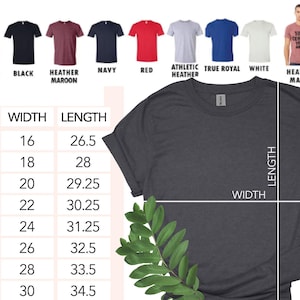 May include: A dark grey heather t-shirt with a size chart showing width and length measurements in inches. The chart lists sizes from XS to 4XL. Color options include black, navy, red, and white.