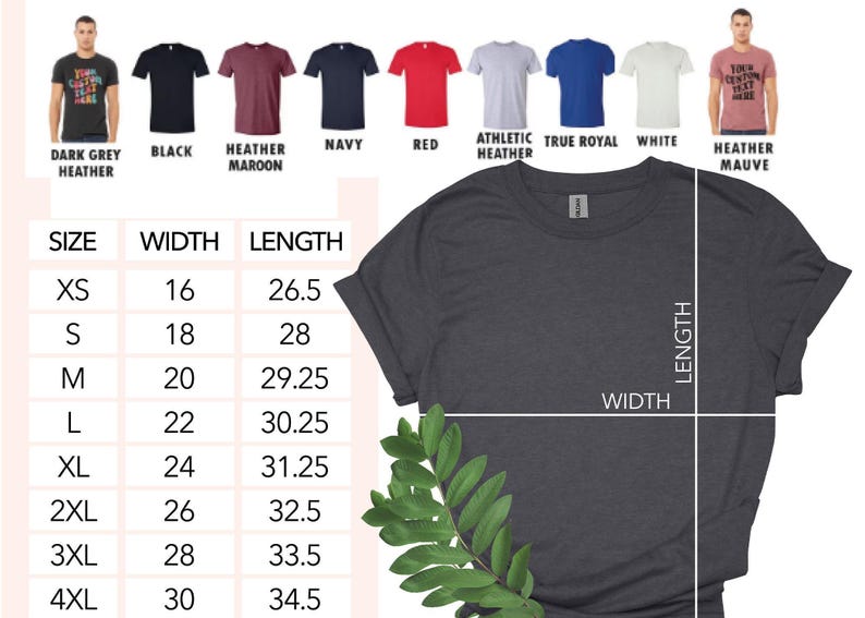 May include: A dark grey heather t-shirt with a size chart showing width and length measurements in inches. The chart lists sizes from XS to 4XL. Color options include black, navy, red, and white.