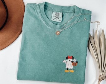 Comfort Colors® Disney Halloween Embroidery Shirt, Minnie Mouse Halloween Tee, Spooky Disney Trip Shirt, Family Vacation Embroidered Shirt