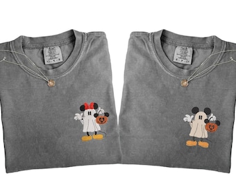 Comfort Colors® Embroidered Mickey Minnie Halloween Couple Shirts,Matching Disney Ghost Tee,Spooky Pumpkin Embroidered Disney Family Shirts,