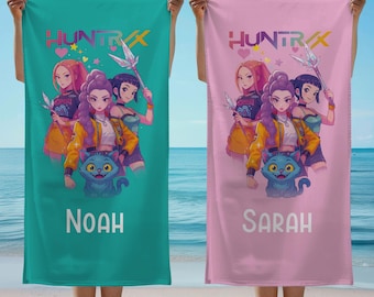 Personalized Kpop Beach Towel With Name, Custom Anime Pool Towel, Kpop Fan Gift for Girls Trip, Cousin Crew Summer Vacation