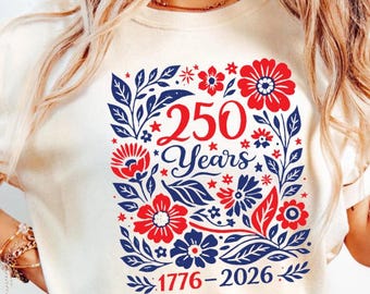 Comfort Colors® America 250 Years Floral Shirt, Patriotic 1776-2026 Tee, Red White Blue Vintage Flower Shirt, 4th of July Celebration Top