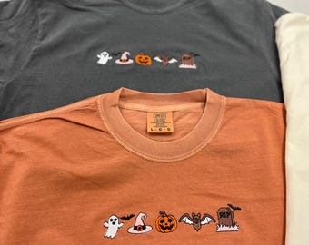 Comfort Colors® Cute Embroidered Halloween Shirt, Minimal Ghost Pumpkin Bat Witch Hat Tee, Spooky Season Shirt, Fall Gift for Her