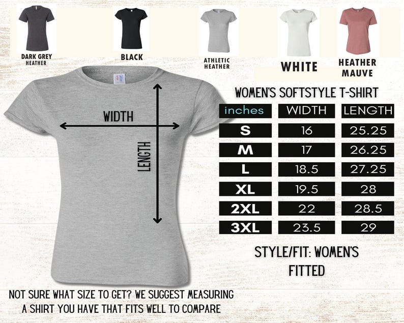 May include: A light grey Women's Softstyle T-shirt with size and measurement details in inches. The shirt is shown with width and length measurements. Available colors are dark grey, black, athletic heather, white, and heather mauve.