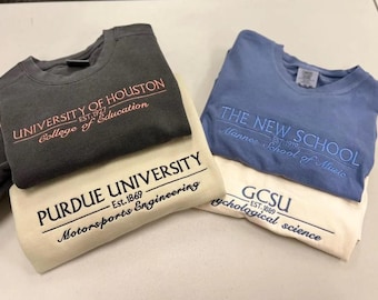 Comfort Colors® Custom College Embroidered Sweatshirt and Comfort Colors Shirt, Embroidered Personalizable Gift University and College Shirt