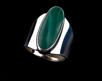 Malachite Sterling Silver Ring - Wide Band Narrow Stone- Made by Colorado Artisan