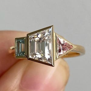 Trapezoid, Baguette & Trilliant Cut Simulated Bezel Set Engagement Ring, 14K Solid Yellow Gold Three Stone Trilogy Wedding Ring Gift For Her