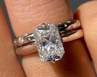 Zestaw obrączek ślubnych z 3-karatowego moissanitu w szlifie radiant, zestaw obrączek ślubnych z 14-karatowego białego złota, zestaw pierścionków na obietnicę i zaręczyny, prezent na rocznicę