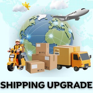 May include: A 3D rendering of a globe with a network of lines, a sun, clouds, and a plane. A delivery person on a yellow scooter, a yellow truck, and several cardboard boxes are also present. The text "SHIPPING UPGRADE" is at the bottom.