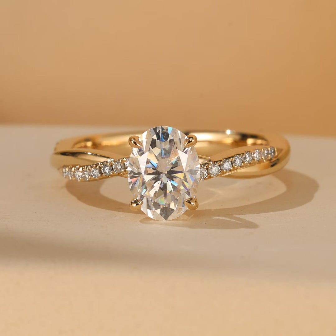 1.5CT Oval Cut Moissanite Engagement Ring, 14K Solid Yellow Gold Twist ...
