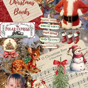 May include: A collage of Christmas-themed images, including a vintage library card with "Christmas Books", a Polar Express ticket, a snow globe, a reindeer, a snowman, and Santa Claus. Signposts point to Santa's Workshop and the North Pole.