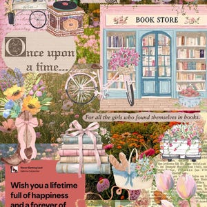 May include: A collage with a pink and floral theme, featuring a book store, bicycle, flowers, and text that reads "Once upon a time..." and "Wish you a lifetime full of happiness and a forever of never getting laid."
