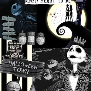 Puede incluir: Un collage en blanco y negro con personajes y escenas de "Pesadilla antes de Navidad". Incluye a Jack Skellington, Sally, Zero y el texto "Simply Meant to Be" y "Halloween Town".