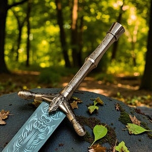 May include: A detailed, antique-style sword with a bronze-colored hilt and a light blue blade. The hilt features intricate carvings and a crossguard with a decorative design. The blade has a white, stylized pattern. The sword rests on a dark gray rock with a blurred forest background.