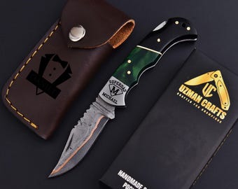 Handmade Copper Damascus Pocket knife Personalized gift for Groomsmen Anniversary Birthday gifts for him