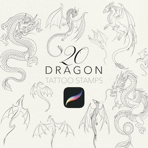 Può includere: Illustrazione di 20 timbri per tatuaggi di draghi. L'immagine presenta disegni a tratteggio dettagliati di draghi in varie pose, con ali e forme serpentine. Il testo recita "20 DRAGON TATTOO STAMPS".
