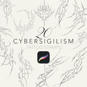 Puede incluir: Un conjunto de 20 sellos de tatuaje CyberSigilism con diseños abstractos y tribales en negro. Las ilustraciones se muestran sobre un fondo texturizado blanco roto. El icono de la aplicación Procreate es visible.