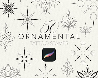 May include: An image showcasing 50 ornamental tattoo stamps in a variety of black line art designs. The designs include stars, floral patterns, and geometric shapes. The text "50 Ornamental Tattoo Stamps" is displayed with a Procreate app icon.