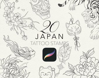 May include: A collection of 20 Japanese tattoo stamp designs in black and white. The designs include a tiger, koi fish, demon mask, cat, flowers, and the text "20 JAPAN TATTOO STAMPS". A Procreate app icon is also present.