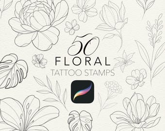 May include: A collection of 50 floral tattoo stamps in a line art style. The image features various flower and leaf designs, including peonies, lilies, and monstera leaves. The text "50 Floral Tattoo Stamps" is displayed above a Procreate app icon.