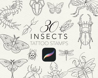 May include: A collection of 30 insect tattoo stamps in a line art style. The insects include a centipede, spider, bee, butterfly, praying mantis, stick insect, cicada, beetle, moth, ladybug, dragonfly, and more. The text "30 INSECTS TATTOO STAMPS" is also included.