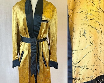 Vintage Satin Robe 1930s 1940s Dead Stock Gold Black Mens Bathrobe Unisex Loungewear 48 M Medium Shawl Collar Abstract Pattern