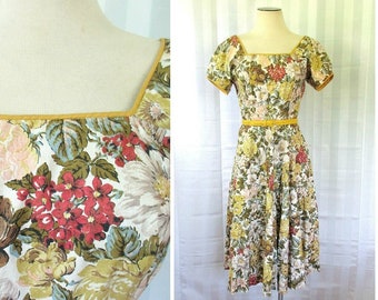 Vintage 1950s Dress with Rhinestones Floral Green Dark Red Cream Mustard Yellow Ochre 34 Bust M Summer Frock Puff Short Sleeve