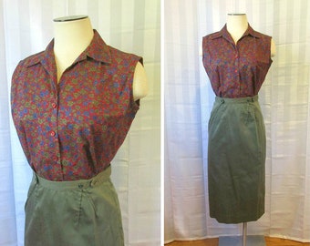 Vintage Skirt Blouse 2 Piece Suit 1950s 1960s Cotton Outfit by Century of Boston Shirt Set Olive Green Blue Red 37 Bust / 23 24 Waist S M