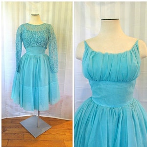 Vintage Party Dress 1950s 1960s Turquoise Blue Floral Lace Top 30 Bust XS Extra Small Short Formal Prom Cocktail Sun Dress image 1