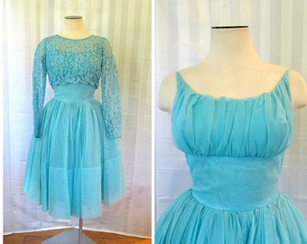 Vintage Party Dress 1950s 1960s Turquoise Blue Floral Lace Top 30 Bust XS Extra Small Short Formal Prom Cocktail Sun Dress