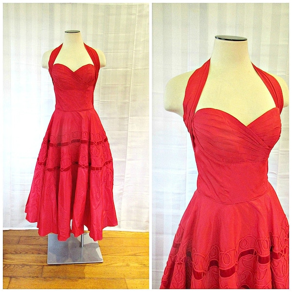 Vintage 1940s 1950s Halter Dress Red Party Frock 32 Bust Taffeta and Velvet Small S Cocktail