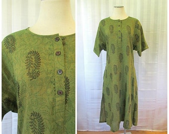 Vintage 1980s Caftan by FabIndia Robe Olive Green 40 Bust Extra Large Bohemian Beach Coverup Floral Print Handwoven Indian Cotton Dress L XL