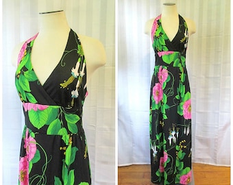 Vintage 1970s Maxi Dress By Valley Set Mod Floral Long Sheath Pink Green Black 34 36 Medium Halter Top Empire Waist