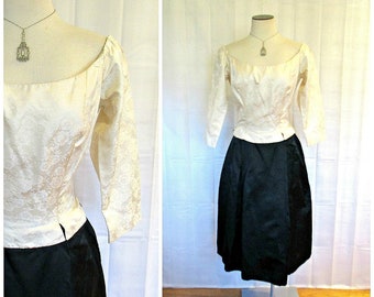 Vintage 1950s 1960s Dress Ivory Brocade and Black Skirt 34 / 35 Bust M Fitted Waist with Peplum Short Formal Evening Frock