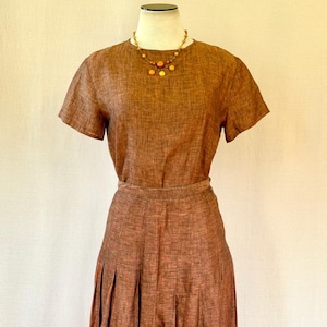 Conjunto de dos piezas de blusa y falda vintage de Calvin Klein, años 70 y 80, talla S/M: 36 de busto, color cobre, siena quemado y lino semitransparente negro, cintura: 24