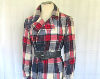 Vintage 1970s Jacket Fitted Plaid Corduroy by Hang Ups Navy Blue Cream Beige Red Plaid Autumn Fall Short Open Cord Blazer M L 36