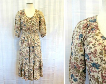 Vintage 1960s 1970s Blouse and Skirt 2 Piece Prairie Outfit Set 34 36 Bust Floral Beige Rose Blue Olive Green M Medium Top by Try Us