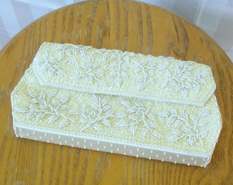 Vintage 1950s 1960s Beaded Clutch Dead Stock Evening Bag Handmade in Hong Kong by La Regale White Floral Design NOS New Old Stock