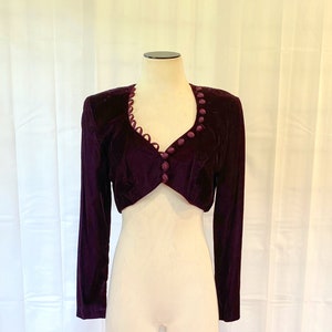 Vintage Purple Velvet Blouse 1980s Cropped Top Shirt by Roberta 34 Bust Dark Magenta Wine Bolero Shrug