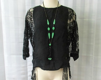 Vintage art-decoblouse jaren 1920 jaren 1930 zijden crêpe zwart kant 41 buste L XL romantische antieke top