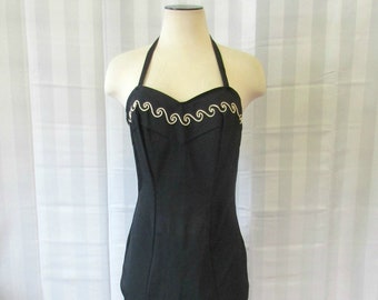 Vintage badpak uit de jaren 40 marineblauw wit soutache golfpatroon 35 36 37 buste uit één stuk halter rok hoes M medium