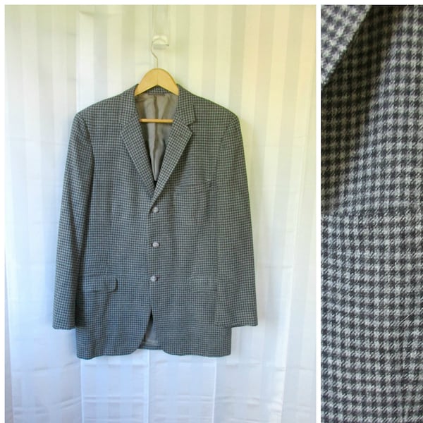 Vintage Wool Plaid Sport Coat 1960s Charcoal Gray 42 40 L Tattersall Gun Check Blazer 3 Buttons