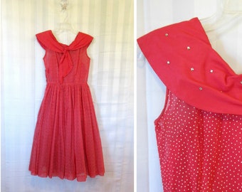 Vintage 1950s Dress Red and White Swiss Dots Sailor Collar with Rhinestones 32 Bust XS S Fitted Sheer Summer Frock with Separate Slip