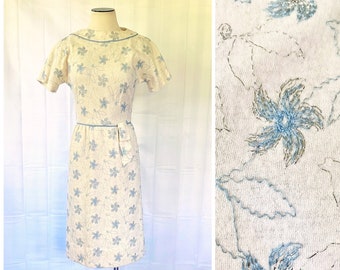 Vintage 1950s 1960s Wool Knit Dress Cream Light Blue Silver R & K Originals 34 S M Embroidered Floral Pattern Most Likely Dead Stock NOS