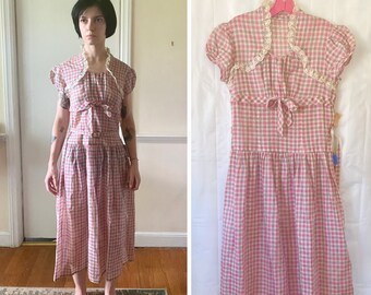 Vintage 1940s Dress Dead Stock Semi Sheer Cotton 34 Bust Gingham Plaid Frock 30 Waist Pink Gray Ivory NWT