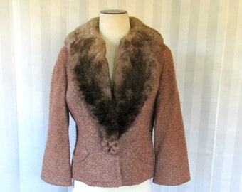 Vintage 1940s Wool Jacket with Beaver Fur Collar by Monarch Cardigan 36 38 Medium Reddish Brown 3/4 Sleeve