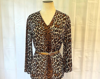 Vintage Leopard Print Top 1950s 1960s Vanity Fair 40 L XL Long Bell Sleeve Blouse