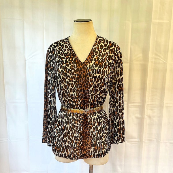 Vintage Leopard Print Top 1950er 1960er Vanity Fair 40 L XL Long Bell Sleeve Bluse