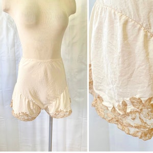 Pantalones de tap franceses vintage de los años 20 y 30, de seda beige, con encaje de point d'Alencon, cintura 27 28, talla M, L, media y grande, hechos en Francia. Lencería.
